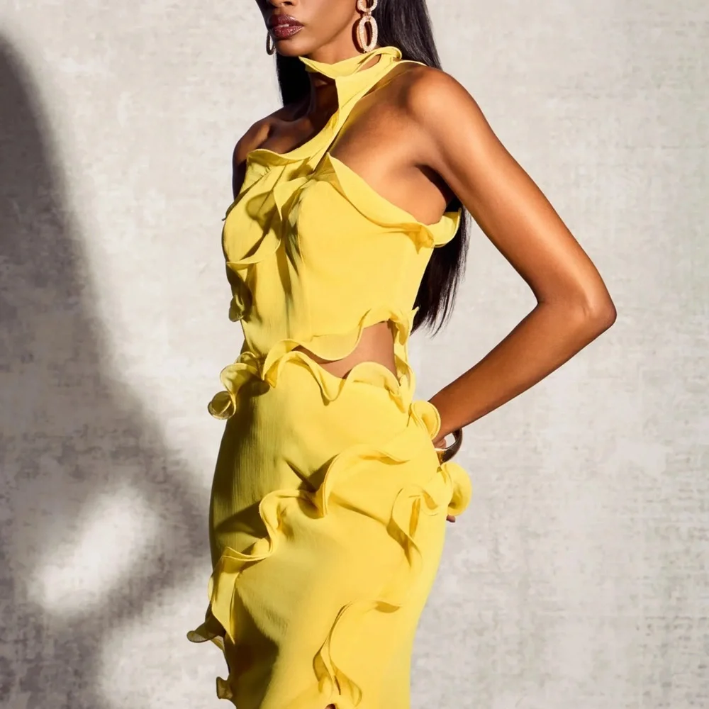Chic One-Shoulder Yellow Ruffle Dress - Picture 6 of 8